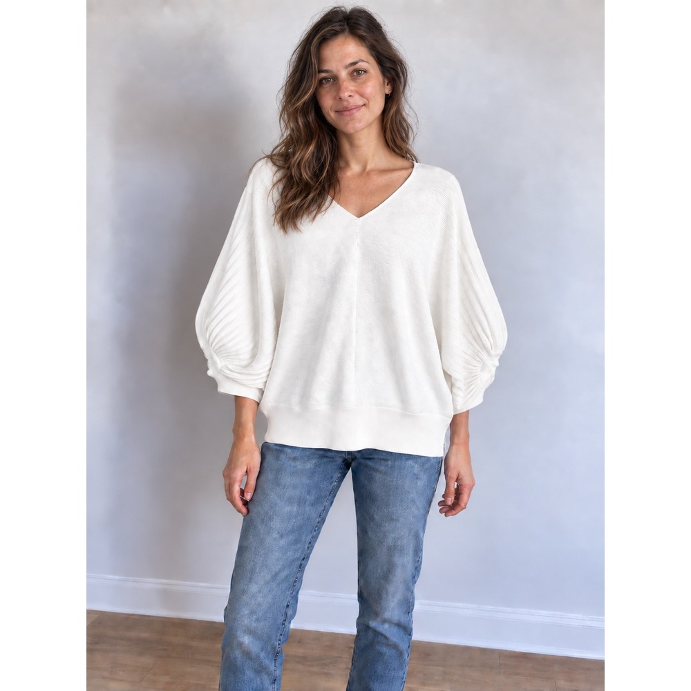 Liquid by Sioni White Dolman Sleeve V-Neck Ribbed Knit Sweater XS